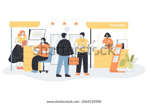 Business exhibition with visitors and expo\
workers. People visiting company presentation, exposition or show\
of products flat vector illustration. Tradeshow, marketing event in\
business center\
concept