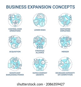 Business Expansion Blue Concept Icons Set. Company Growth And Development Idea Thin Line Color Illustrations. Merger, Acquisition. Market Competition. Vector Isolated Outline Drawings. Editable Stroke