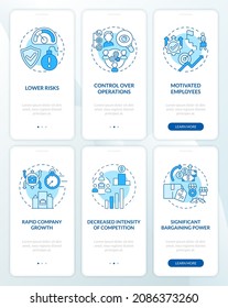 Business expansion blue onboarding mobile app page screen set. Internal and external walkthrough 3 steps graphic instructions with concepts. UI, UX, GUI vector template with linear color illustrations