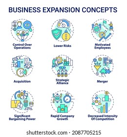 Business Expansion Concept Icons Set. Company Growth And Development Idea Thin Line Color Illustrations. Merger And Acquisition. Market Competition. Vector Isolated Outline Drawings. Editable Stroke