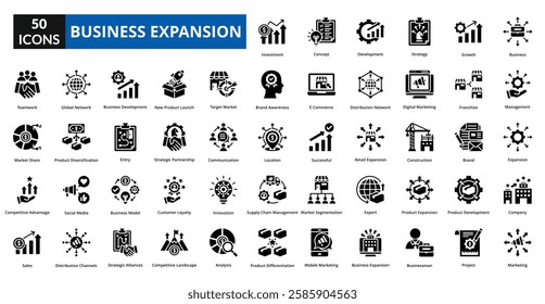 Business expansion glyph icon collection set. Includes icon growth, strategy, market, global, scale, investment, development, opportunity, network, partnership, innovation, finance, enterprise