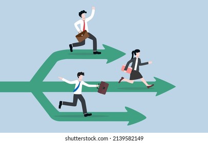 Business expansion, business growth plan, company branches for increasing opportunity concept. Allocating employees to different branches. Same company workers run along separate path from main path.