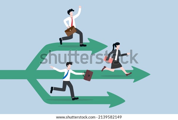 Business expansion, business growth plan, company
branches for increasing opportunity concept. Allocating employees
to different branches. Same company workers run along separate path
from main path.