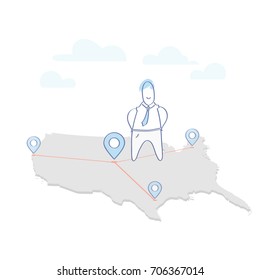 Business expansion, headquarters and branches, building office network or franchise business. Cartoon man standing on the USA map with map pins. Isolated flat outline vector illustration concept.