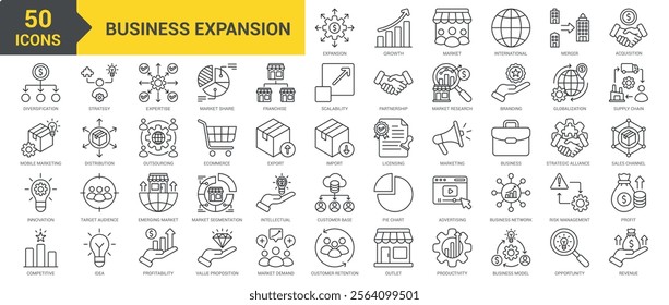 Business Expansion icon collection set. Containing growth, market, international, merger, acquisition, diversification, product development, innovation icon. Simple line vector