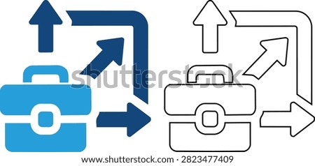 Business expansion icon set featuring briefcase with directional arrows for corporate growth strategy and marketing presentations in flat