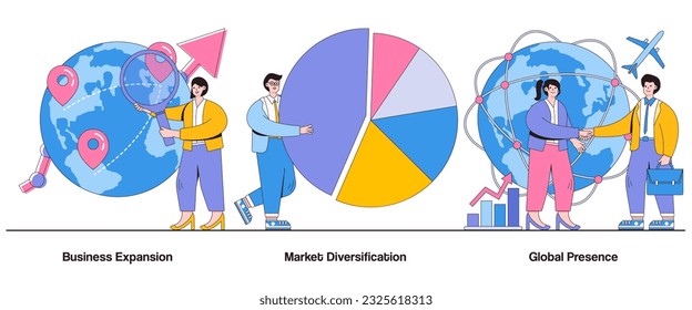 Business Expansion, Marktdiversifizierung, Global Presence Concept with Character. Business Growth Strategy Abstrakter Vektorgrafik Set. Marktdurchdringung, Metapher für neue Markteintritte.