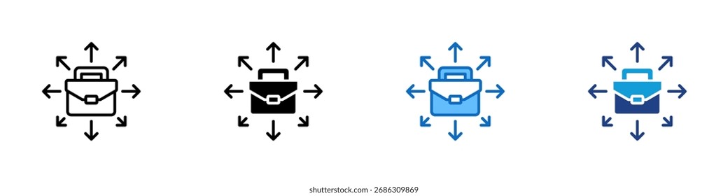 Business Expansion Multiple Style Icon Design Vector - Aktenkoffer mit Pfeilen in alle Richtungen, die Geschäftswachstum, Expansion und Chancen symbolisieren