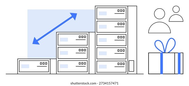 Business expansion, scalable data storage, customer engagement, analytics, gifting solutions, reward systems. Stacked servers, people icons and a gift box. Business expansion and scalable data