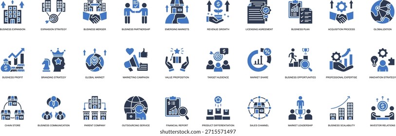 Business Expansion solid style icon set. Containing Branding Strategy, Expansion, Strategy, Business Merger, Partnership, Emerging Markets, Revenue Growth, Licensing Agreement