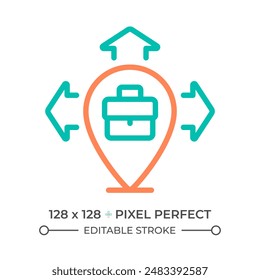 Business expansion two color line icon. Location pin with arrows bicolor outline symbol. Merger and acquisition. Corporate growth. Duotone linear pictogram. Isolated illustration. Editable stroke