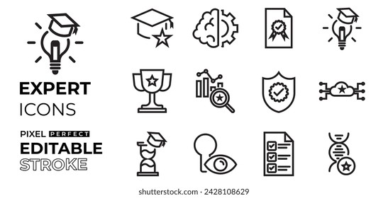 business expert icons set with knowledge, brain, talent, ideas, winner, analytics, secured, process, protect, time management with editable stroke