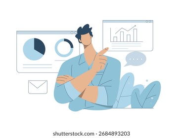 Experto empresarial presentando indicadores de desempeño con análisis de datos, Mostrando ideas nuevas e innovadoras para el desarrollo empresarial. Ilustración de diseño de vector plano.
