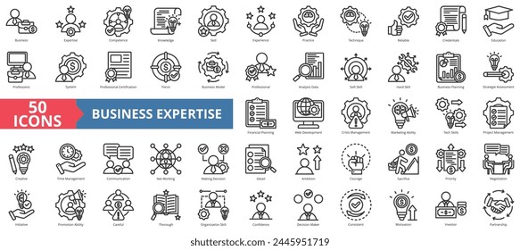 Business Expertise Symbol Kollektion Set. Enthält Übung, Kompetenz, Wissen, Fähigkeiten, Erfahrung, Praxis, Technik-Ikone. Einfache Vektorgrafik.