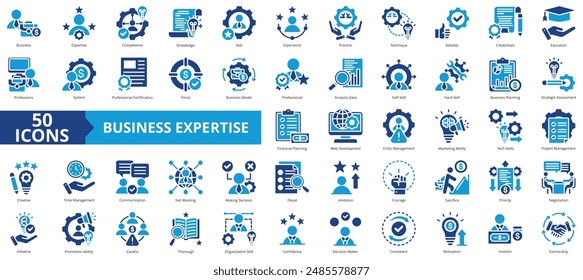 Business expertise icon collection set. Containing practice, competence, knowledge, skill, experience, practice, technique icon. Simple flat vector.