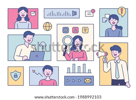 Business experts in each square frame are gathering opinions. flat design style minimal vector illustration.