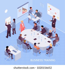 Business experts and employees during corporate training, office interior elements on blue background isometric vector illustration