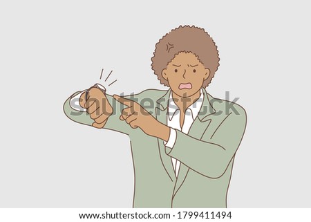 Business, face, expression, wait, emotion concept. Young worried unhappy african american businessman guy clerk manager hurry and pointing to watch time. Impatience and deadline delay illustration.