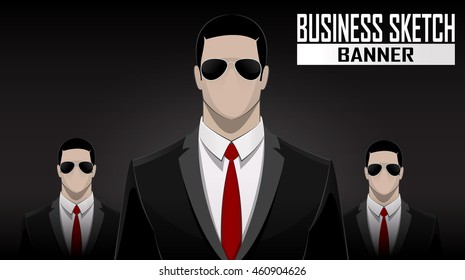 Business face off team standing over dark background. Businessmen in sunglasses. Vector illustration