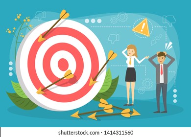 Business Fail Concept. People Standing At The Big Target Or Dartboard. Arrow On The Floor, Big Mistake. Vector Illustration In Cartoon Style