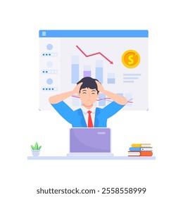 Business fail. Graph down. Sad unhappy office worker. Vector flat cartoon illustration