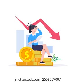 Business fail. Graph down. Sad unhappy office worker. Vector flat cartoon illustration