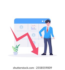 Business fail. Graph down. Sad unhappy office worker. Vector flat cartoon illustration