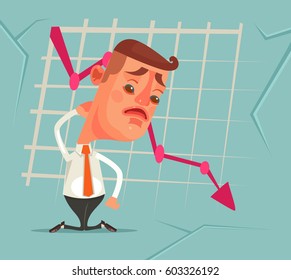 Business fail. Graph down. Sad unhappy office worker. Vector flat cartoon illustration