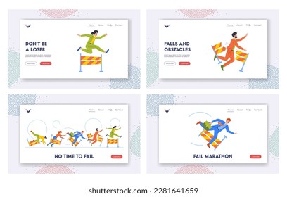 Business Fail Landing Page Template Set. Characters Falling Over An Obstacles During Race, Hurdles In Entrepreneurship
