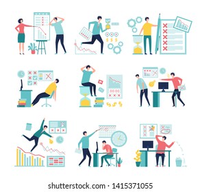 Business fail. Lossing managers bad management processes failed paperwork low graphs and indicators vector concept. Illustration of business fail and crisis, financial bankruptcy and depression