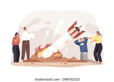 Business fail, startup failure, and crisis concept. Unhappy unsuccessful entrepreneurs at fallen rocket. Hard problems in start up project. Flat vector illustration isolated on white background