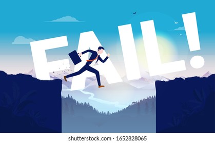 Business fail - Stumbling business man or manager falling off a cliff. The word fail! is spelled in the background. Corporate failure, economic crisis, disaster concept. Vector illustration.