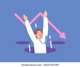 business fails. bankrupt and failed. mistakes that make a business fail. incidents, problems and crisis situations. a man falls into a hole. illustration concept design. graphic elements