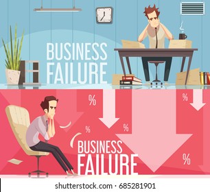 Business failure 2 retro cartoon banners with frustrated businessman sitting in red arrows down isolated vector illustration 