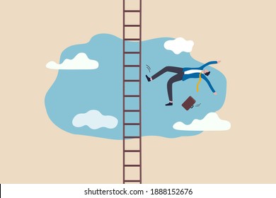 Business failure, aim too high and accident fall from ladder of success, career or job position demote or investor losing money concept, aspiration businessman falling from high ladder or stair cases.