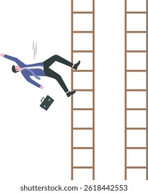Business failure, aim too high and accident fall from ladder of success, career or job position demote or investor losing money concept,

