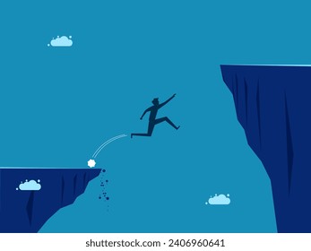 Business failure. Businessman unsuccessfully jumps over cliff 