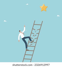 Business failure, competitive defeat and loss of reward, unexpected force majeure, choosing a losing strategy, wrong way of development, unjustified risk, man falls from stairs leading to the star.