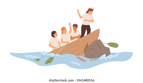 Business failure concept. Leader and team of employees colliding with problems and difficulties at work. Boat with coworkers in trouble. Colored flat vector illustration isolated on white background