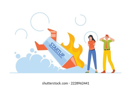 Business Failure, Crash, Misfortune. Business Characters Stand at Burning Crashed Startup Rocket. Spaceship Fall Down. Unhappy People Sad about Not Working Project Launch. Cartoon Vector Illustration