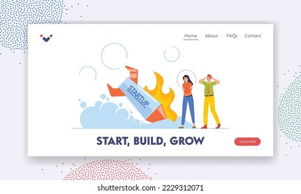 Business Failure, Crash, Misfortune Landing Page Template. Business Characters Stand at Burning Crashed Startup Rocket. Spaceship Fall Down, Not Working Project Launch. Cartoon Vector Illustration