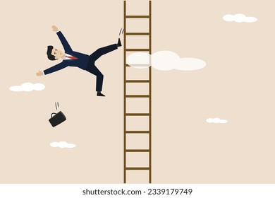 Business failure due to overly high goals, career or job position decline or investors losing money concept, entrepreneur aspirations falling down a high lofty ladder.