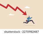 Business failure, economic recession or investment loss or stock market falling down, crisis or crash, investing risk or depression concept, failed businessman run away from falling down arrow chart.
