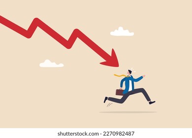 Business failure, economic recession or investment loss or stock market falling down, crisis or crash, investing risk or depression concept, failed businessman run away from falling down arrow chart.