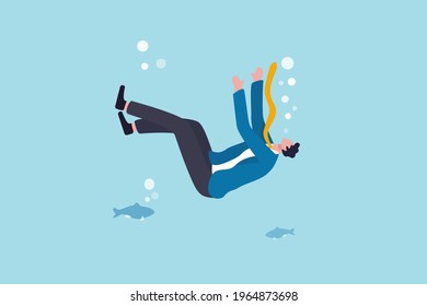 Business failure, financial debt problem and bankruptcy, career struggle or unemployment concept, helpless businessman drowning or sinking into the bottom of ocean.