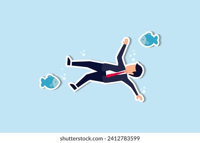 Business failure, financial debt problem and bankruptcy, career struggle or unemployment concept, helpless businessman drowning or sinking into the bottom of ocean.