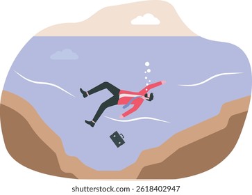 Business failure, financial debt problem and bankruptcy, career struggle or unemployment concept, helpless businessman drowning or sinking into the bottom of ocean.

