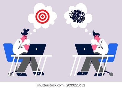 Business failure, frustration or success concept. Young business people workers one with happy face and success in business and another with frustrated face having mess in head vector illustration 