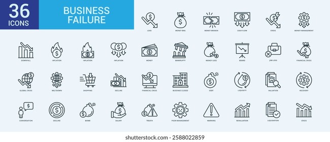 Business Failure icon collection set with loss, money bag, money broken, cash flow
