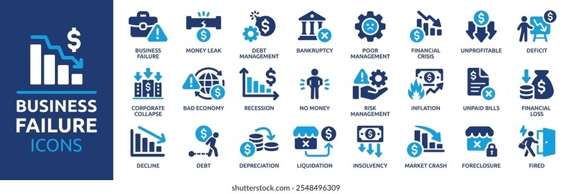 Business failure icon set. Containing bankruptcy, financial crisis, money leak, debt, no money, recession, unpaid bills and more. Solid vector icons collection.